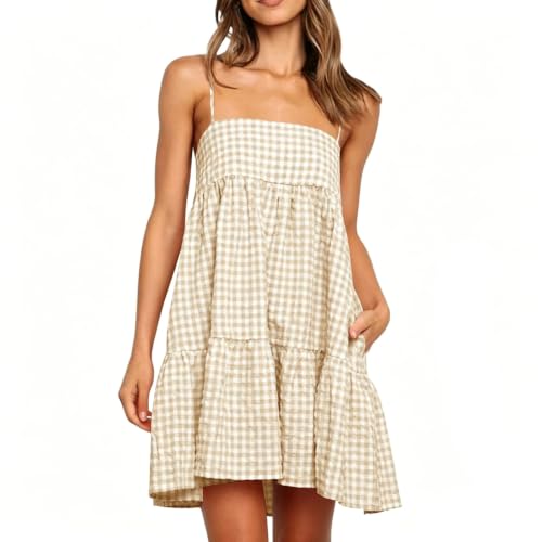 Robe d'été femme à carreaux, style épaules dénudées et volants chic