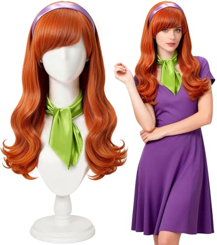 ASINWIN Orange Long Curly Wig Set with Bangs Headband and Scarf for Women