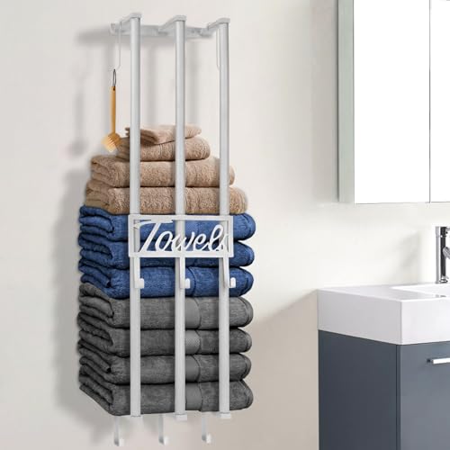 Towel Rack Wall Mounted - Space-saving Bathroom Storage | Silver Towel Rail with Hooks, Holder | Easy Installation | Stylish & Functional (Silver)