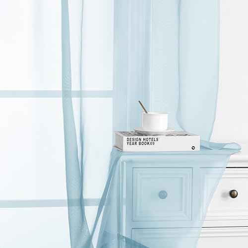 Image of Chyhomenyc Sky Blue Sheer Curtains 96 inches Long 2 Panels, Light Filtering Light Blue Elegant Voile Window Treatment Drapes for Bedroom Living Room, Each 42 Wx96 L, 8FT