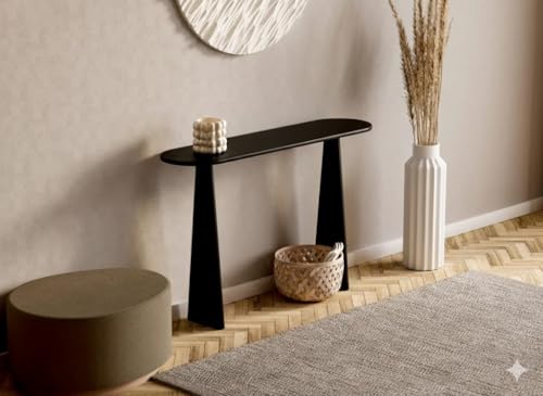 Image of Furniture Modern Solid Wood Console Table with Rounded Edges, Natural Finish, Minimalist Scandinavian Style Entryway Furniture (Style 2, Black, 140x30x80 cm)