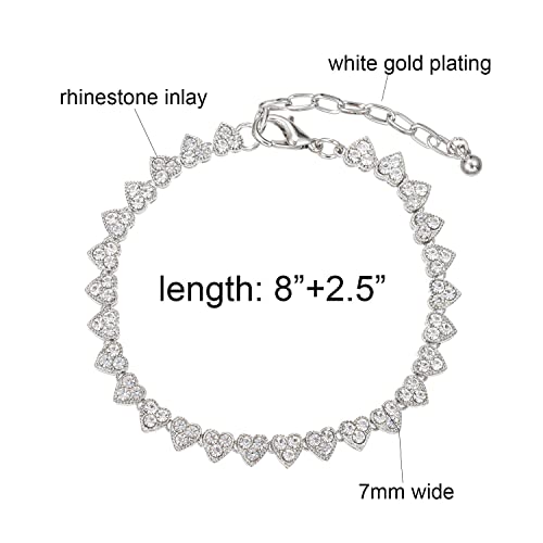 Kelistom 18K White Gold Plated Tennis Anklet For Women Teen Girls, Rhinestone Crystal Filled Heart Chain Ankle Bracelets For Women With Paperclip Extension #TOP1
