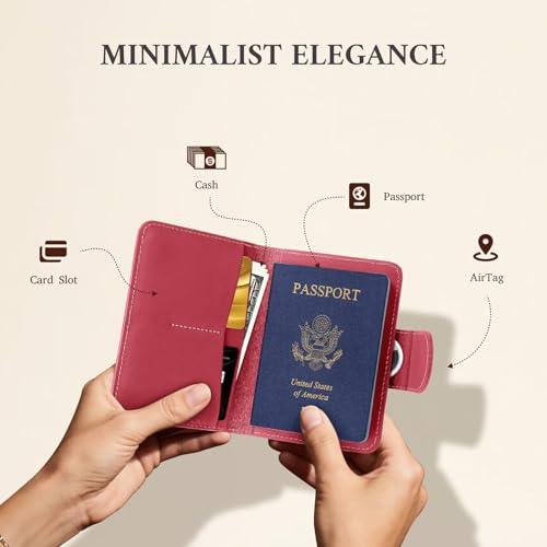 Image of ALLIVE Rfid Passport Holder for Travel Women, Rfid Passport Cover Wallet, Genuine Leather Passport Holder for Travel with AirTag Hidden, Airport Essentials, Travel Gifts (Rose Pink)