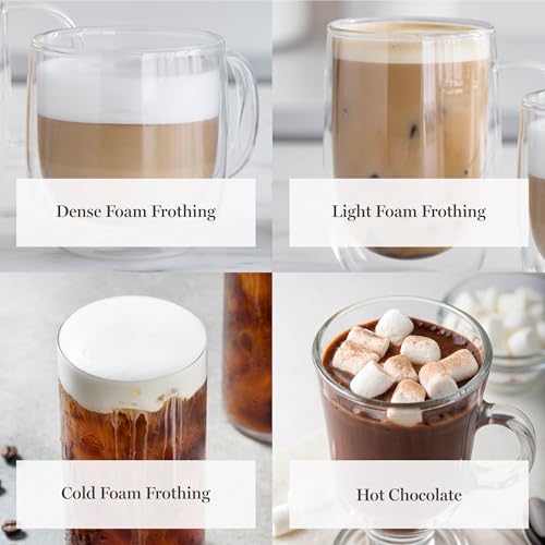 Image of Martha Stewart Milk Frother and Steamer, 10oz /300ml Glass Cup, 4 Presets (Cold Foam, Light, Dense & Hot Chocolate), Ready in 90 Seconds, Cordless Pouring, One-Touch for Hot and Cold Milk, Sky Blue