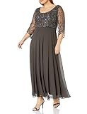 J Kara Women's Plus Size 3/4 Sleeve V-Neck Beaded Top Long Gown, Slate/Gun/Mercury, 22W