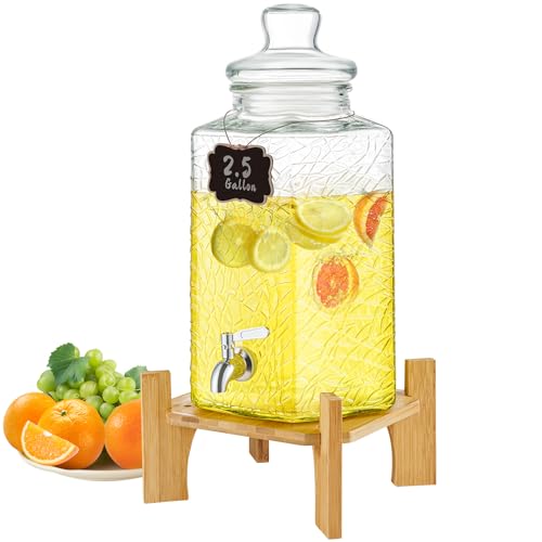VEVOR Dispensador de Bebidas de 10 litros para Fiestas, Dispensador de Jugo de Vidrio con Soporte, Espiga de Acero Inoxidable, Dispensador de Agua de Jugo de Limonada de Té Helado, 400 x 210 x 210 mm