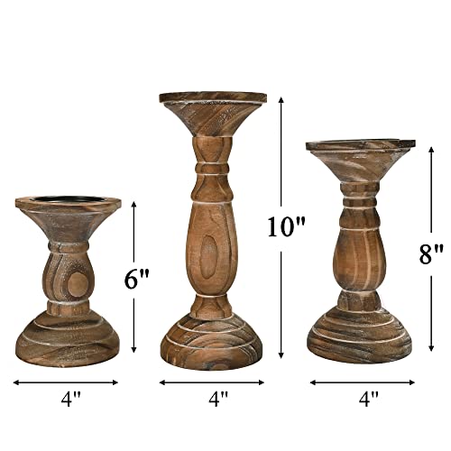 Yorkmills Pillar Candle Holder Set Of 3, Farmhouse Decor Living Room Tall Candle Holders For Pillar Candles, Wood Candle Holders For Table Centerpieces Brown Home Decor Kitchen Dining Room Table Decor #TOP1