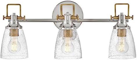 Hinkley Easton Three Light Bath Vanity Fixture, Modern Industrial, Clear Seedy Glass Shade, Mounts Up or Down, Polished Nickel and Heritage Brass
