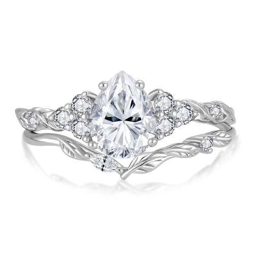 Image of Moissanite Engagement Ring Set 1.25CT D Color VVS1 Clarity Pear Shaped 925 Sterling Silver Wedding Sets Rings Bridal Promise Ring Jewelry for Women with Certificate Size 5-10