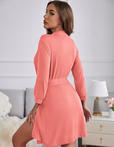 Image of Ekouaer Women's Robes Lightweight 3 /4 Sleeve Short Knit Bathrobe Soft Knee Length Sleepwear Robes with Pockets S-XXL