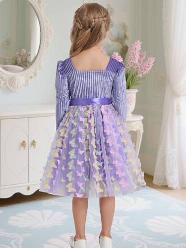 Little Girls Velvet Dresses Butterfly Layered Tulle Dress Long Sleeve Square Neck Tutu Dress Party Princess Dress 4-10Y2