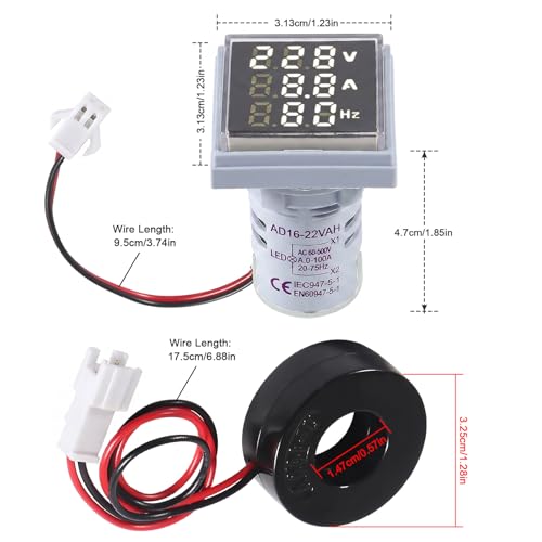 Image of Alinan 3 in 1 60-500V 0-100A AC Digital Ammeter Voltmeter, 22mm Square Digital Tube Screen with Transformer, LED Display Voltage Detector Current Tester Gauge (White)