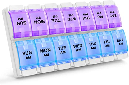 Image of Sukuos AM PM Weekly 7 Day Pill Organizer, 2 Times A Day Pill Box with Arthritis Friendly Push Button, Medicine Cases for Vitamin /Fish Oil /Supplements, Easy to Clean (Purple&Blue)