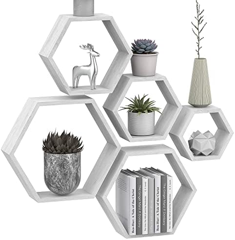 Hexagon Shelves Farmhouse Honeycomb Floating Shelves Set of 5 Wood Storage Shelf for Plants Display Wall Hanging Shelves Modern Honeycomb Racks Sets for Living Room Bedroon Office, Grey-White