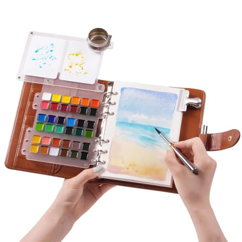 Fuumuui Travel Watercolour Paint Set 36 Colors PU Leather Watercolour Sketchbook Set - 20 Sheets Cotton Watercolour Paper Dual-Tip Travel Brush Metal Clip for Artists Painters Students
