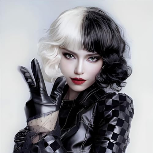 YuanYouTong Black and White Wig for Women Cruella Deville Wig Short Curly Wavy Bob Wigs with Bangs Heat Resistant Synthetic Hair Wig for Daily Costume Cosplay Halloween Party Use