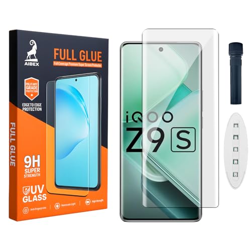 Image of AIBEX UV Curved Tempered Glass for Vivo T3 Pro 5G / Vivo V40E 5G / IQOO Z9S 5G|Full Screen Edge-to-Edge Protection|UV Glue & UV Light Included|9H Hardness|Anti-Bubble|Scratch Resistant|HD Clarity