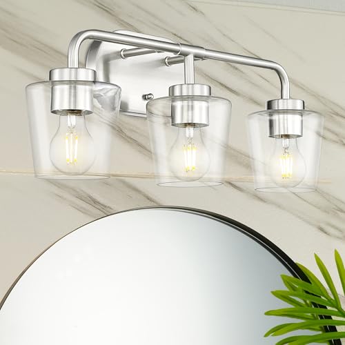 Image of 3-Light Bathroom Light Fixtures Over Mirror, Brushed Nickel | Vanity Lights for Bathroom with Clear Glass, Modern Vanity Lighting Fixtures, AD-22004-3W-SN-C