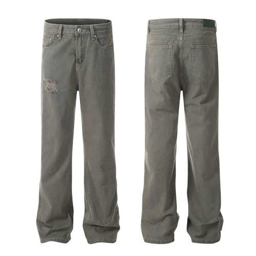 Jeans Pants Trousers Denim Street Trendy Retro Wear and Tear Hole Wash Niche Gray Green Straight Commuter for Men3