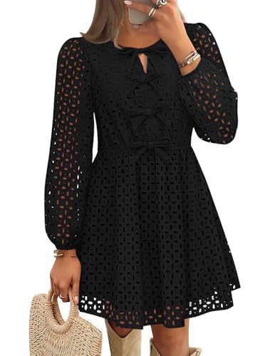 ZESICA Women's Long Sleeve Mini Dress 2026 Fall Crewneck Tie