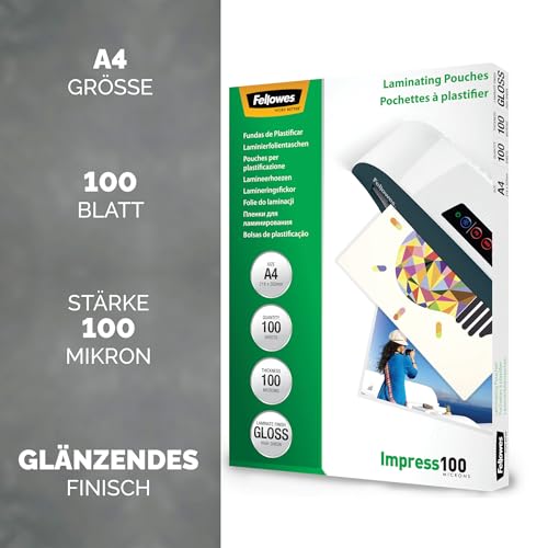 Fellowes Laminierfolien A4, 100 Mikron (2 x 100 mic), glänzend, 100 Stück
