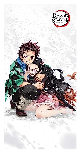 Halantex Serviette de plage en 100 % coton avec Tanjiro et Nezuko Kamado de Demon Slayer, 70 x 140 cm