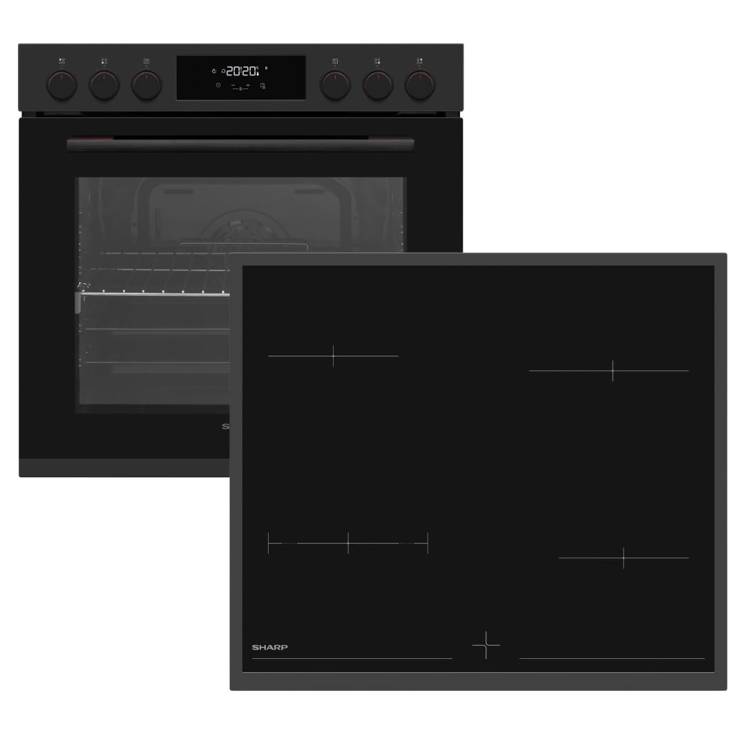 SHARP K-72P19BNH-EU Einbau-Herdset mit Glaskeramik-Kochfeld, 78 L, 9 Beheizungsarten, Heißluft, Easy to Clean, Timer, versenkbare Knebel, Matt Schwarz