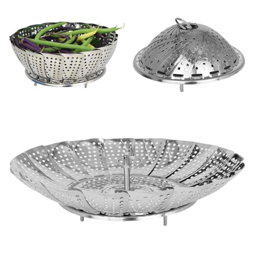 Cesta plegable al vapor – Rustidera de Acero Inoxidable de 14 cm x 24 cm, fácil de limpiar, cocción al vapor saludable para verduras, pescado y más, plegable y ajustable, apta para lavavajillas