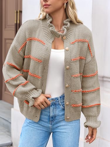 Saodimallsu Womens Striped Cardigan Sweaters Button Up Ruffle Open Front Chunky Knit Loose Fall Sweater Coats3