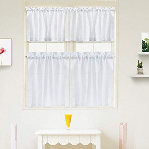 IDEALHOUSE 3 Pieces Window Curtains and Valance Set for Bathroom Kitchen, Waffle Weave Fabric Rod Pocket Short Small White Bathroom Window Curtains (60" x 15" Valance, 2 Set of 30 x 24" Tiers)
