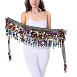 Belly Dance Hip Scarf Coins Plus Size Fringe Skirt, Sequin Fringe Belt Belly Dancer Costumes for Women (Diamaond Rainbow)