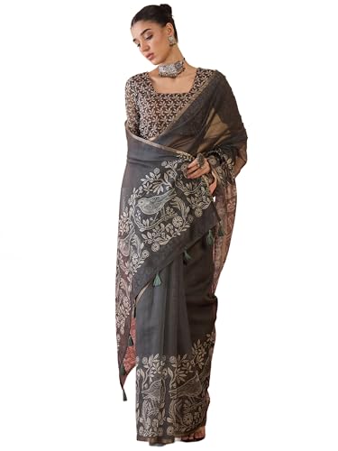 Image of AKHILAM Women's Cotton Printed Saree With Unstitched Blouse Piece