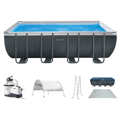 Intex 18 Foot by 52 Inch Ultra XTR Framed Above Ground Swimming Pool Set with Sand Filter Pump, Pool Cover and Ladder, Canopy, and Ground Cloth, Gray