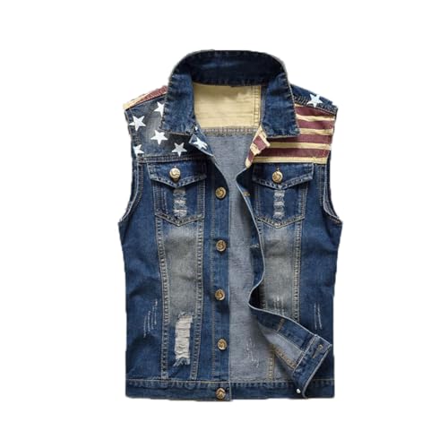 Mens Denim Vests Sleeveless USA Stars Stripes Patriotic Button Down Jean Vest Jackets