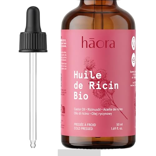 Huile de Ricin Bio 50 ml - 100% Pure et Naturelle - Soin Fortifiant Cheveux, Cils, Sourcils, Barbe & Ongles - Huile Végétale Pressée à Froid - Haora