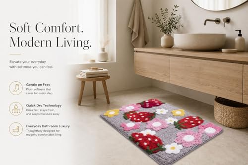Image of Tomato Bath Mat: Super Soft Shaggy Kids Bathroom Rug, Anti-Skid, Absorbent, Cute Cartoon Fruit Design, Non-Slip Floor Mat (60 x 40 Cm) (Strawberry Fruit Bath Mat)