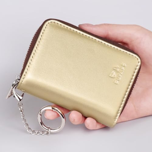 Image of FurArt Zipper Wallet Women, RFID Blocking Credit Card Wallet, Business Card Holder, Compact Size KeyChain Wallet, Light Gold, small, Classic