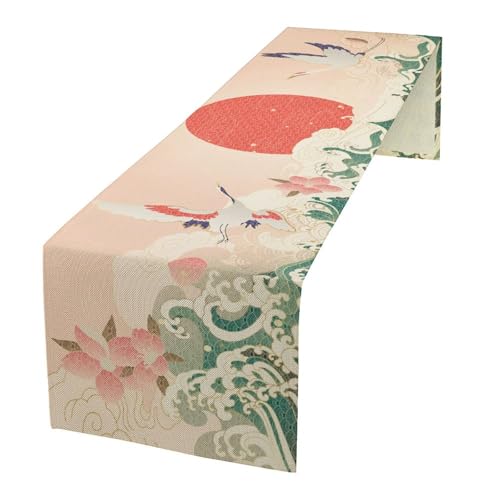 Image of Japanese Gold Crane Table Runner, Luxury Oriental Wave Pattern Table Decor for Dining Room Wedding Party Kitchen, Asian Art Tablecloth 13x120 Inch
