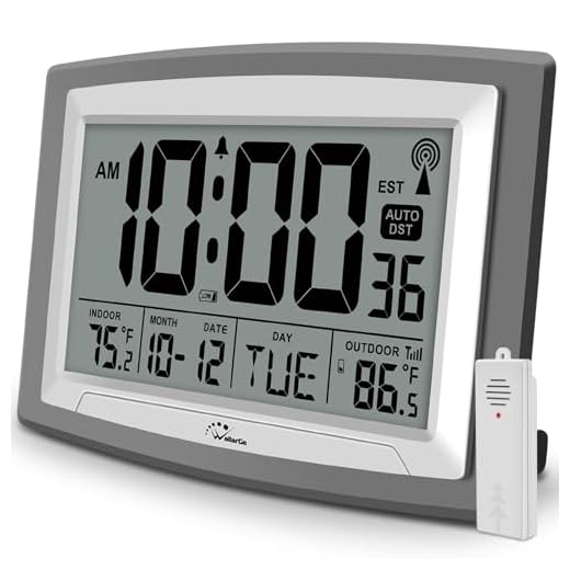 WallarGe Atomic Clock with Outdoor and Indoor Temperature - 12.5 Inch Self-Setting Digital Clock Large Display, Battery Operated Wall Clocks or Desk Clocks for Bedroom, Livingroom, Office