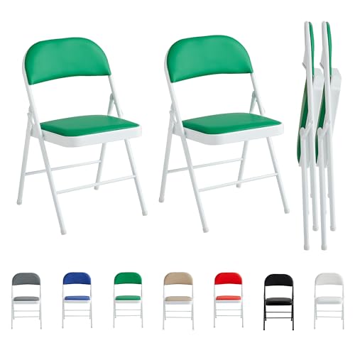 mcc direct Juego de 2 sillas plegables, sillas plegables de piel sintética con marco de metal y asiento acolchado, fácil de plegar y almacenar para el hogar, oficina, comedor y recepción (verde)