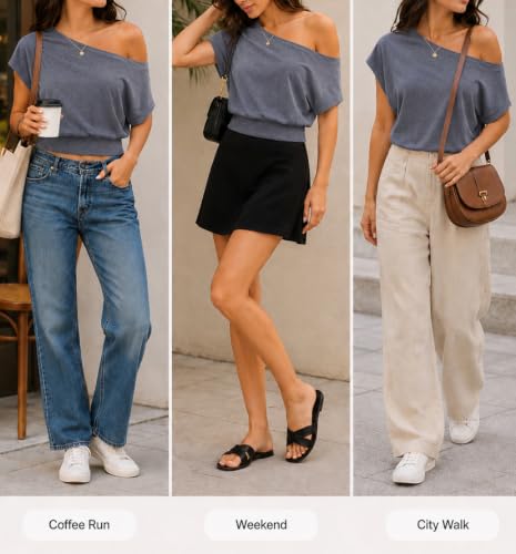 Image of SOFIA'S CHOICE Women's Off The Shoulder T Shirt Crop Top Casual Summer Dolman Sleeve Asymmetrical Cinched Waist Tops