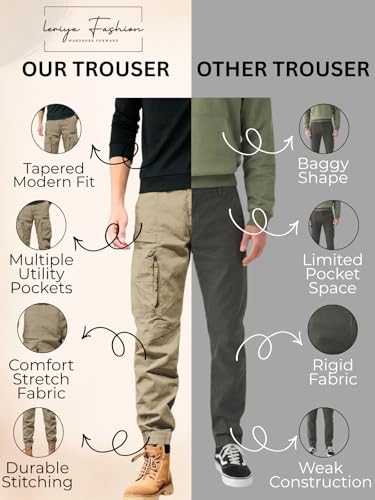 Image of Leriya Fashion Men's Cargo Pants with Pockets | Cotton Joggers for Men | 6 Pocket Jeans Pant | Casual Trousers for Men | Comfortable Casual Workwear Joggers