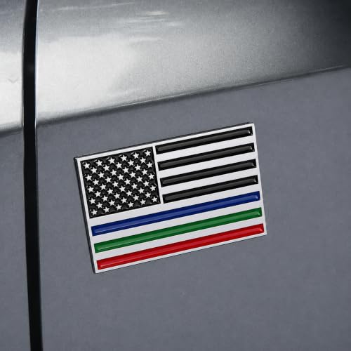 Image of Thin Line American Flag Car Emblem, 3.15 x 2 Inch Metal USA Flag Badge with Blue Red Green Lines, Patriotic Auto Decal for Cars Trucks SUVs, First Responders Police Firefighters Military Support