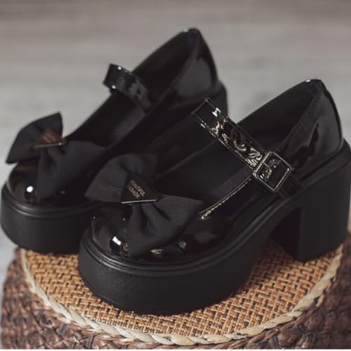 Image of Women's Platform Mary Janes Heart Cat Buckle Rivets Ankle Lolita Gothic Princess Platform Pumps Patent Leather Thorn Vintage Traditional Embroidery Upper Dress Shoes