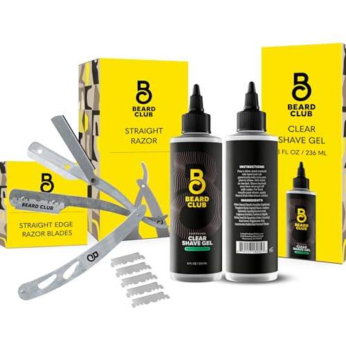 Beard Club Straight Razor for Men & Premium Shaving Gel for Men – Hydrating Mens Shave Cream for Sensitive Skin & Navajas Para Barbero - Barber Straight Edge Razor Kit, 5 Blades, Cedar Scent Gift Kit