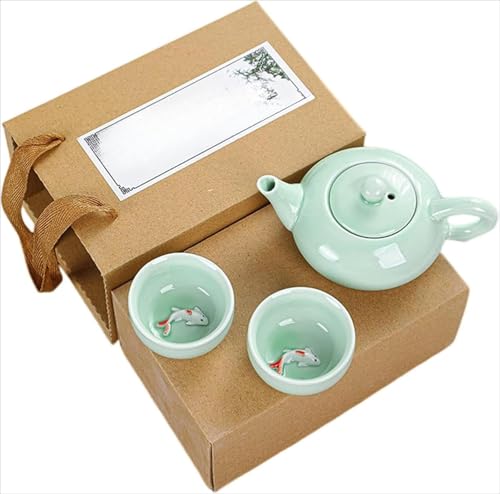 DancJulie中国茶器セット 湯呑み茶碗み セット ティーカップ 茶皿 鯉ティーポット 功夫茶具 急須 台湾茶具 ティーポット 食器 陶器 高温焼成 携帯便利 お茶用 旅行 ギフトセット 新築祝い 結婚祝い 誕生日 茶道教室 茶屋 (1ポット2カップ)