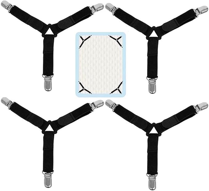 bed sheet holder straps, adjustable elastic bed sheet fasteners and 3 way mattress cover holder fasteners,the triangle sheet clips keeping sheets place for bed and not wrinkled