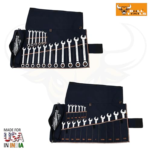 Image of BULL TOOLS Metric Ratcheting Wrench Set SAE, 17-Pocket Roll, with Zip Pouch, Made from Durable Recycled Cotton Canvas for Mechanics, DIYers, and Home Use - Navy Blue