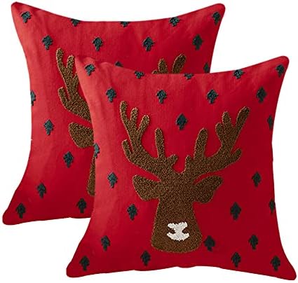 SofaMATE 2 Pcs Christmas Pillow Covers Farmhouse Canvas Cotton Embroidered Reindeer Decorative Throw Pillows Square Cushion Pillowcase for Sofa Couch Bedroom Christmas Decor 18 x 18 inch,Red