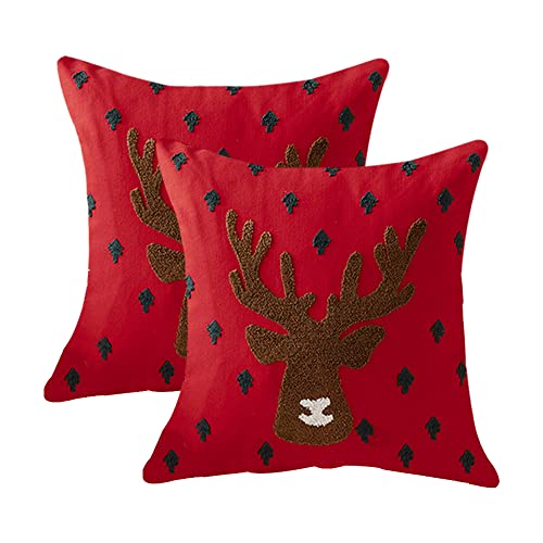 Sofamate 2 Pcs Christmas Pillow Covers Farmhouse Canvas Cotton Embroidered Reindeer Decorative Throw Pillows Square Cushion Pillowcase For Sofa Couch Bedroom Christmas Decor 18 X 18 Inch,Red #TOP18